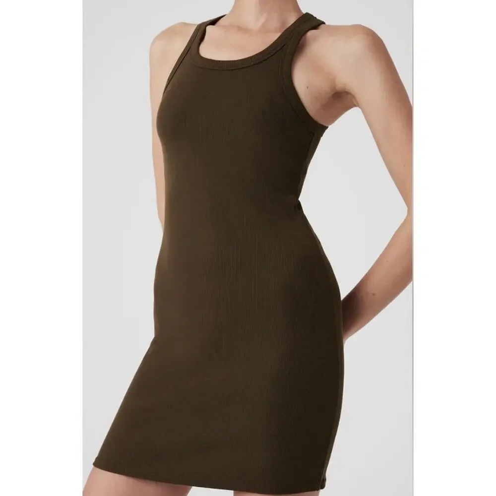 ALO‎ Yoga Seamless Goddess Ribbed Go To Dress XS Espresso Brown Athleisure